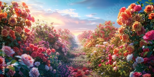 Beautiful rose garden with colorful roses  walking path and sky background.