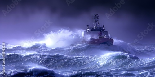 Ship battles violent storm at sea with high waves and scary conditions. Concept Ship battles, Violent storm, Sea waves, Scary conditions