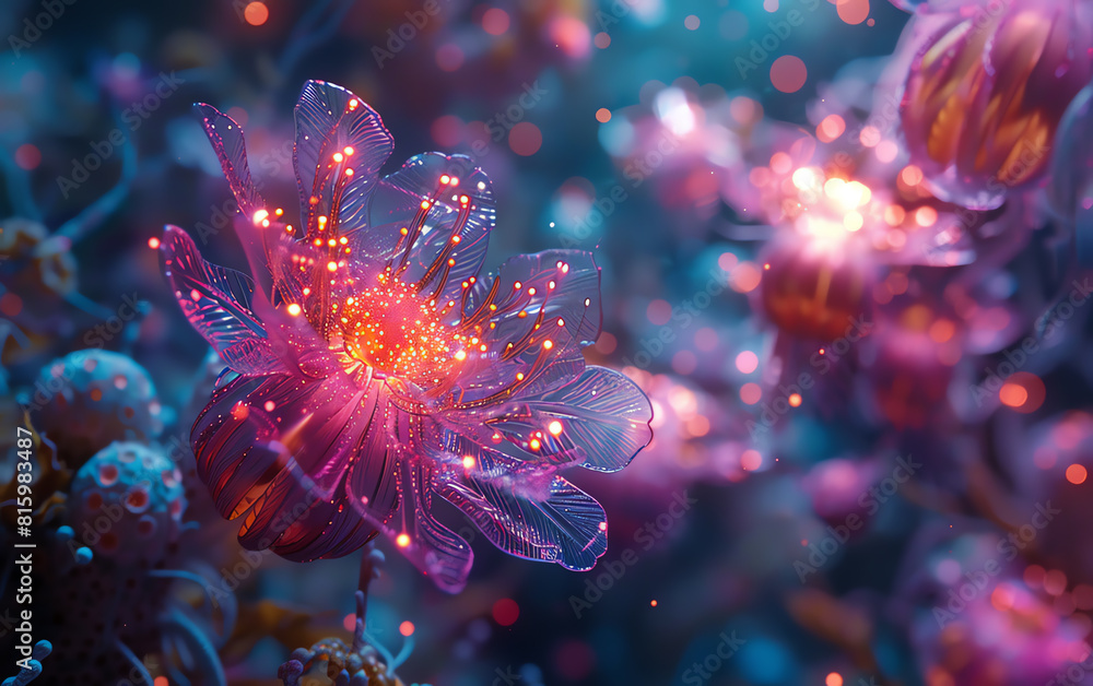 Visualize a microcosm where love blossoms amidst nanobot interactions Visualize a microcosm where love blossoms amidst nanobot interactions