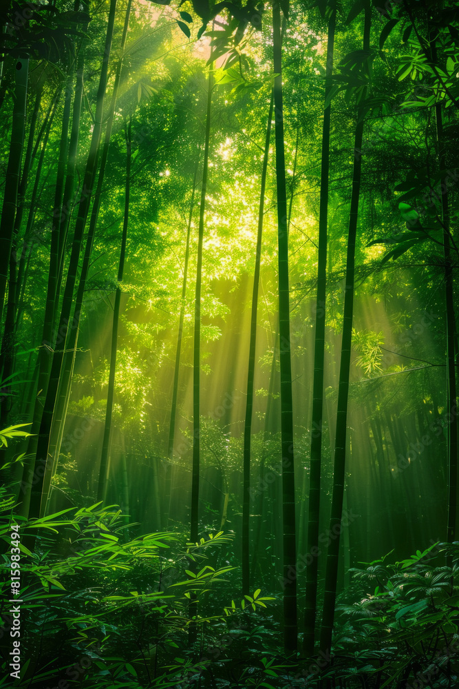Obraz premium A serene bamboo forest bathed in soft sunlight, with slender bamboo stalks stretching towards the sky and lush green foliage filtering the dappled light, creating a tranquil oasis of natural beauty.