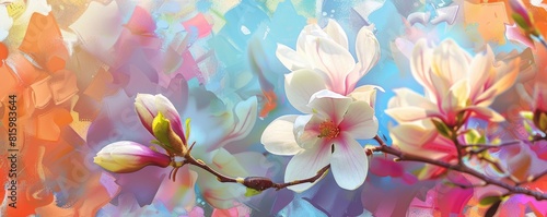 Painting of blooming cherry  flowers and branches with leaves on a colorful background 