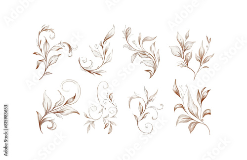 Set of floral design elements  frames and labels made with continuous line drawing. Hand drawn vector laurel leaves decorative elements. Leaves  swirls  ornate  award  icon. Vector illustration