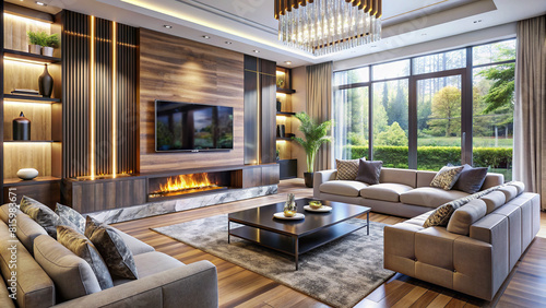 A contemporary living room boasting a stunning fireplace and a large TV wall screen, exemplifying modern luxury and comfort.