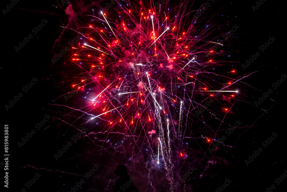 Fototapeta premium Pink fireworks explode in the night sky. Selective focus.