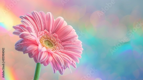 Pink gerbera daisy in front of a rainbow background