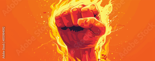 Flaming red fiery fist emblem. Clenched fist in burning fire badge or logo. vector simple illustration