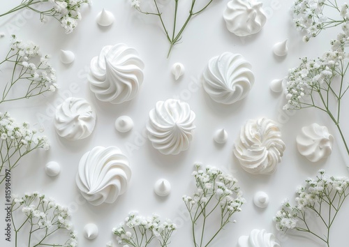 Stylish cosmetic products on a white background  different shapes of cream and meringue in the style of top