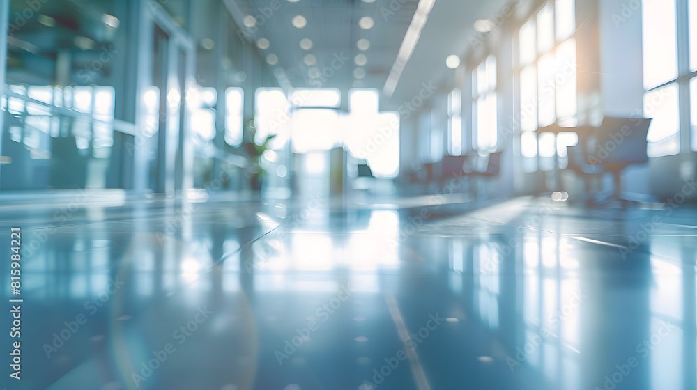 BLURRED OFFICE BACKGROUND SPACIOUS BUSINESS INTERIOR HALL WITH DAY LIGHT WINDOW REFLECTIONS : Generative AI