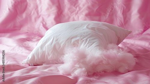 Pillow filled with stable polyester fiber on a pink surface photo