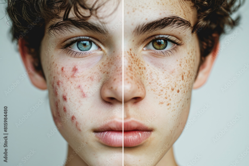 Fototapeta premium Split face portrait of young caucasian male, before and after acne treatment