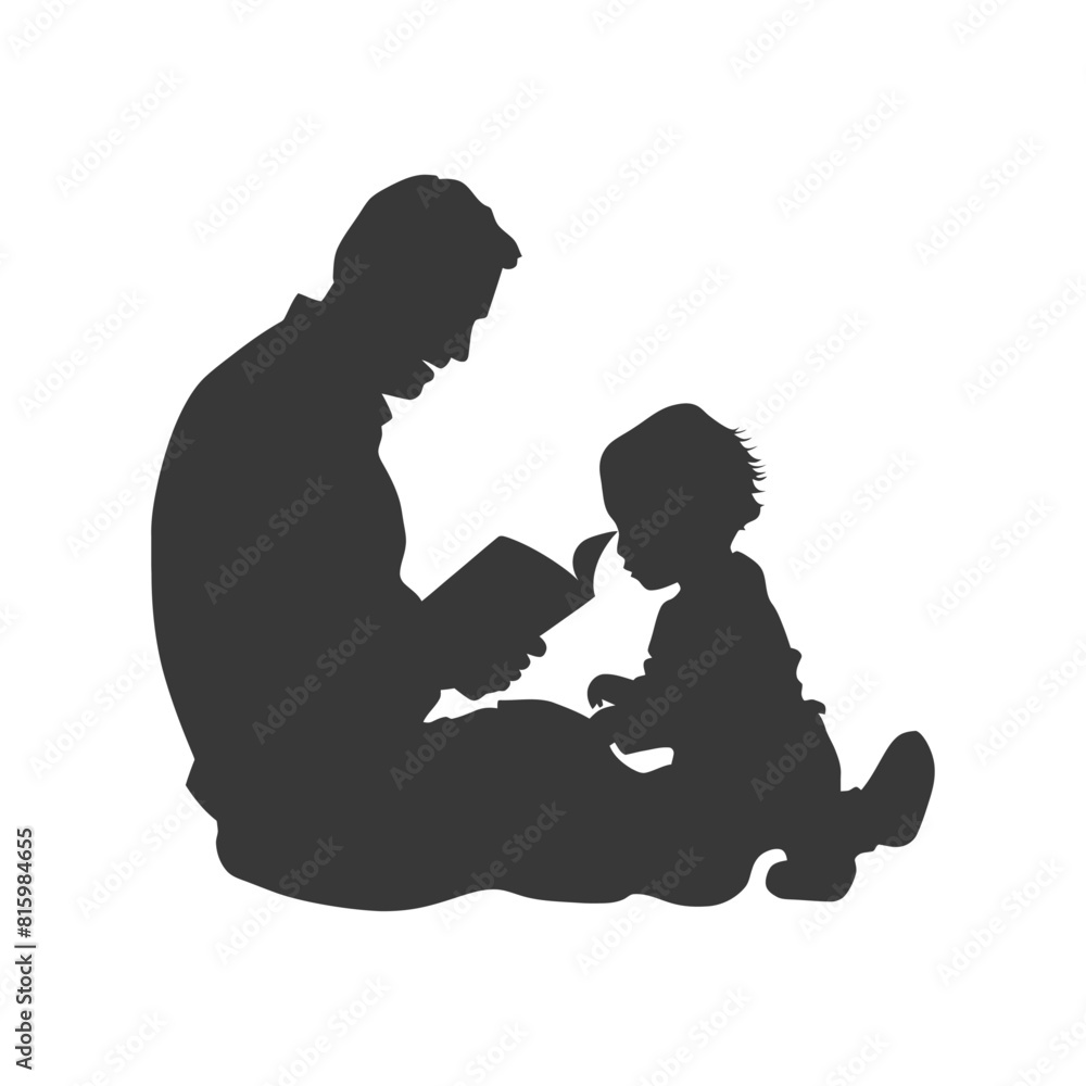 Silhouette father reading a book to child full body black color only Silhouette father reading a book to child full body black color only