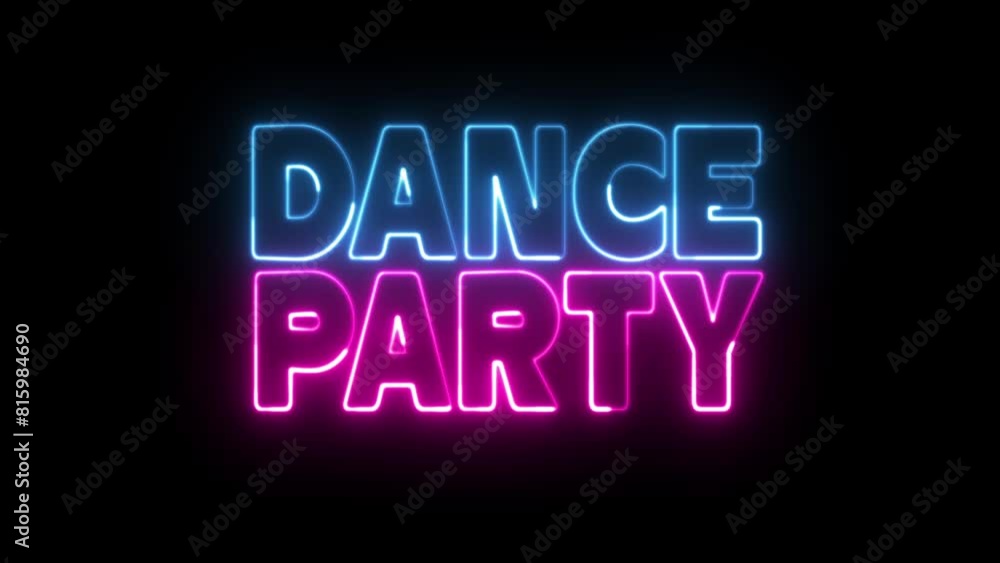 Dance Party text font with neon light. Luminous and shimmering haze inside the letters of the text Dance Party. Dance Party Neon Sign. Dance Party text font with neon light. Luminous and shimmering haze inside the letters of the text Dance Party. Dance Party Neon Sign.