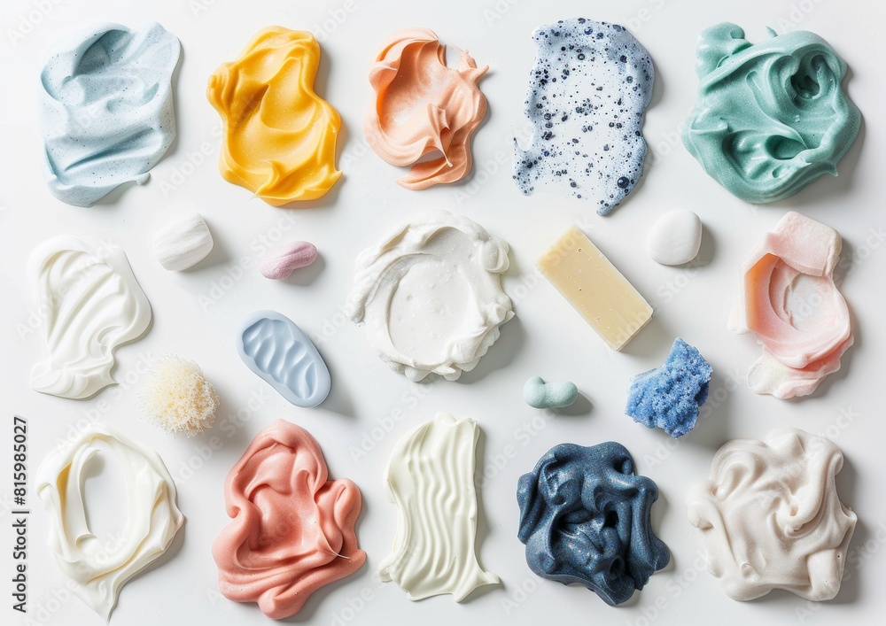 Stylish cosmetic products on a white background, different shapes of cream and meringue in the style of top Stylish cosmetic products on a white background, different shapes of cream and meringue in the style of top