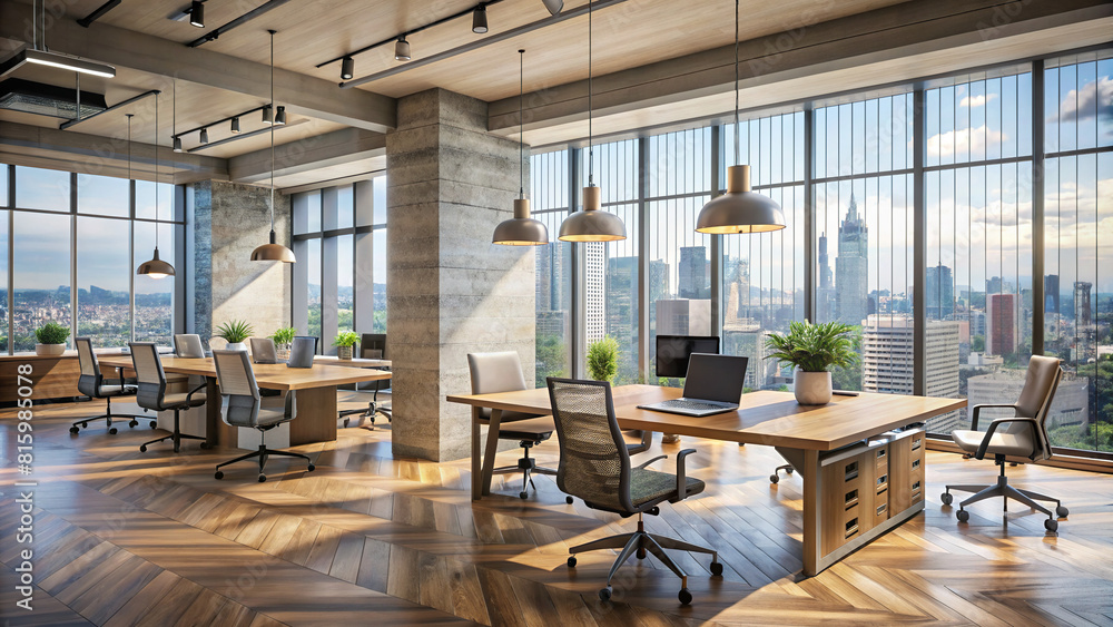 A contemporary coworking space featuring polished wooden floors, minimalist concrete walls, and floor-to-ceiling panoramic windows providing an expansive view of the bustling city below.