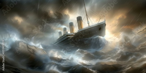 Titanic ship sailing through stormy seas with dramatic seascape background. Concept Adventure, History, Dramatic Seascape, Titanic Ship, Stormy Weather