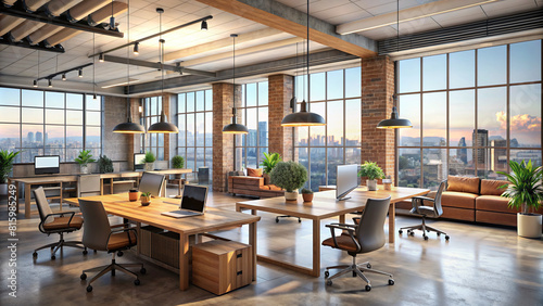 A contemporary coworking office interior design with warm wooden accents  industrial concrete floors  and a panoramic window overlooking a city skyline.