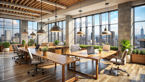 A contemporary coworking environment with warm wood finishes, cool concrete surfaces, and a panoramic window framing an urban cityscape. © artsakon