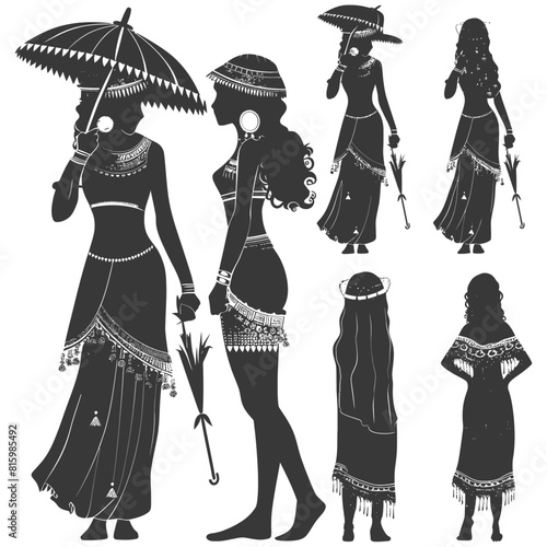 Silhouette independent egyptian women wearing tob sebleh with umbrella black color only
