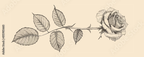 Line rose with leaves. vector simple illustration