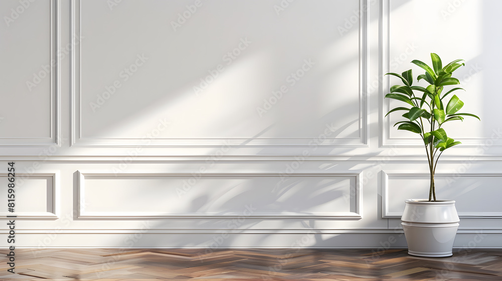 White classic wall background brown parquet floor home furniture detail frame and vase of plant : Generative AI White classic wall background brown parquet floor home furniture detail frame and vase of plant : Generative AI