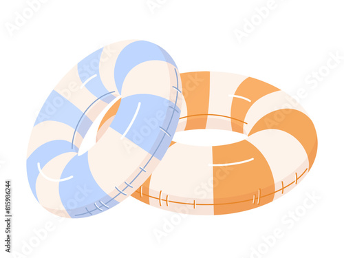 Two inflatable rings lying on top of each other, pastel trendy colors with stripes for swimming in sea on beach. Cute vector illustration on white isolated background in flat style.