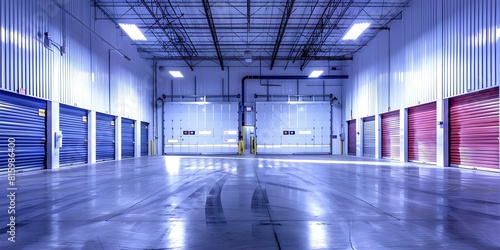 Image of empty warehouse storage units with locked selfstorage containers. Concept Industrial, Warehouse, Self Storage, Security, Containers photo