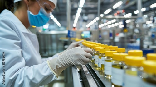 Scientist examining vials in a pharmaceutical factory