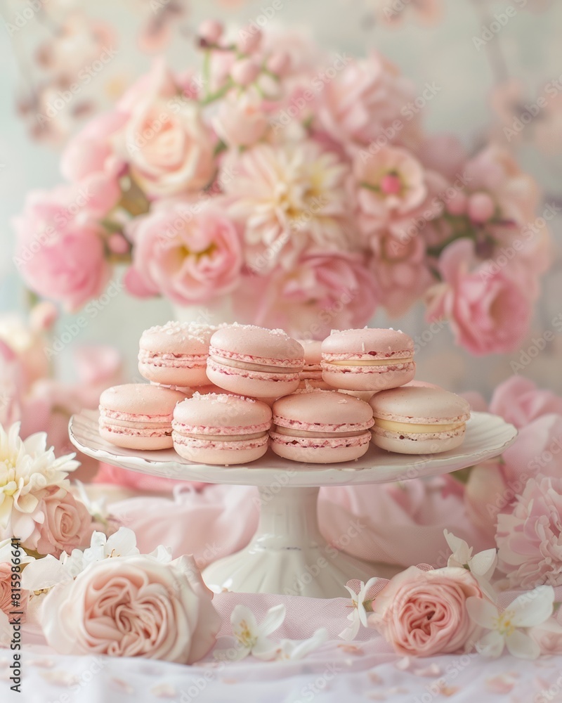 Delicious pink macarons on a stand decorated with pink flowers in a vase. Delicious pink macarons on a stand decorated with pink flowers in a vase.