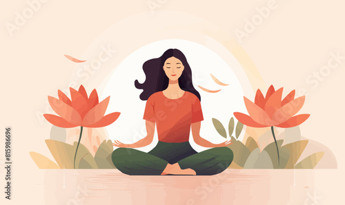 Woman sitting with a flower illustration in the background, good mental health yoga lifestyle and selfcare vector