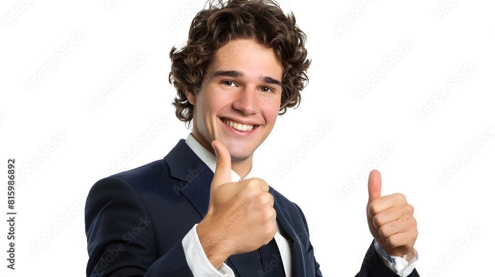 Smiling Businessman in Navy Suit Giving Enthusiastic Thumbs Up Gesture Smiling Businessman in Navy Suit Giving Enthusiastic Thumbs Up Gesture