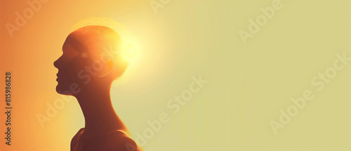 Silhouette of a human head with brain illuminated by a glowing light, set against a gradient orange and yellow background.