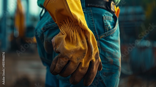 Close-up photo of a Caucasian contractor donning construction safety gloves, preparing for work photo