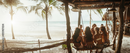 A wide angle photo, girls laughing and relaxing as a group of girls sit on a tropical beach swing. They sit in a swing wearing swim suits looking at the blue ocean, spring break, bachelorette, pano
 photo