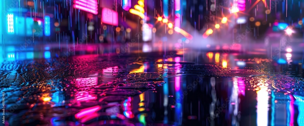 3D Rendering Of Wet Asphalt Reflecting Neon Lights, A Searchlight, And Abstract Smoke, 3D Rendering 3D Rendering Of Wet Asphalt Reflecting Neon Lights, A Searchlight, And Abstract Smoke, 3D Rendering