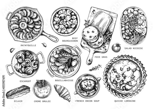 French cuisine dishes vintage drawings collection. Traditional food from France sketches set. French restaurant menu design elements. Hand-drawn food illustration, NOT AI generated