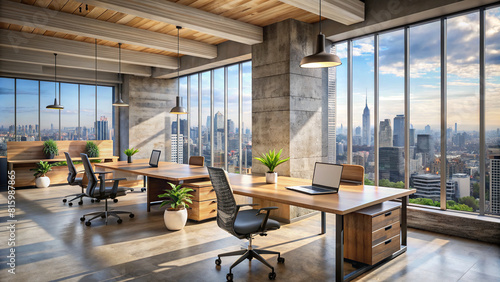 A contemporary office space featuring wooden desks  concrete walls  and a panoramic window with a breathtaking cityscape view.