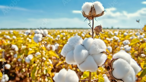 Cotton field under bright blue sky in full bloom