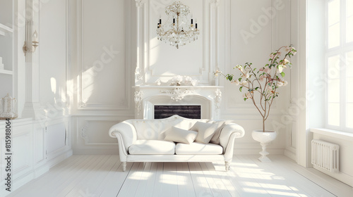 beautiful classical white interior with a fireplace a sofa and a vintage chandelier Retro classics   Generative AI