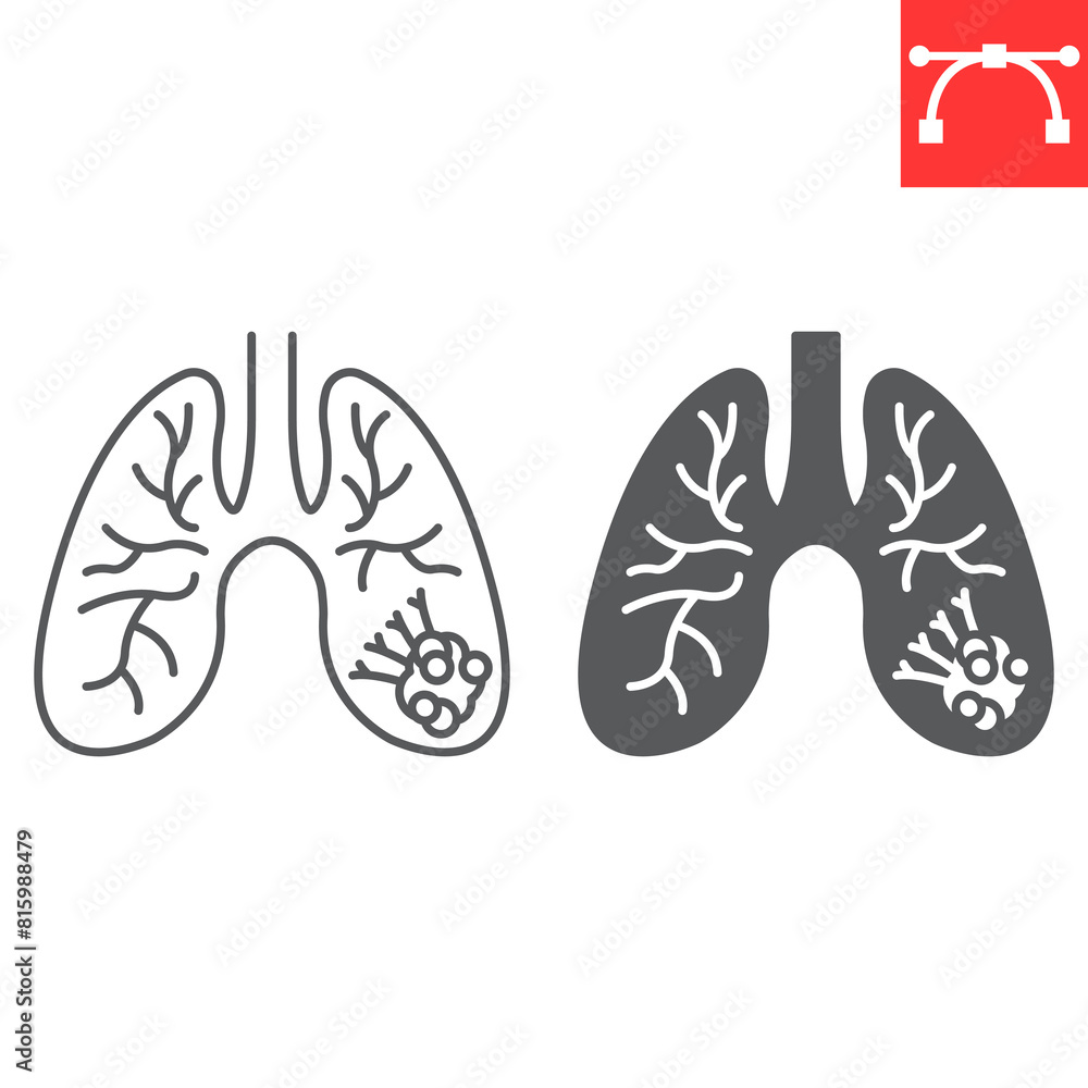 Lung cancer line and glyph icon, disease and cancer cell, lungs tumor ...