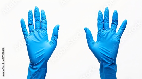 Two blue surgical gloves showcased with human hands, emphasizing the rubber glove production process, isolated on a white background
