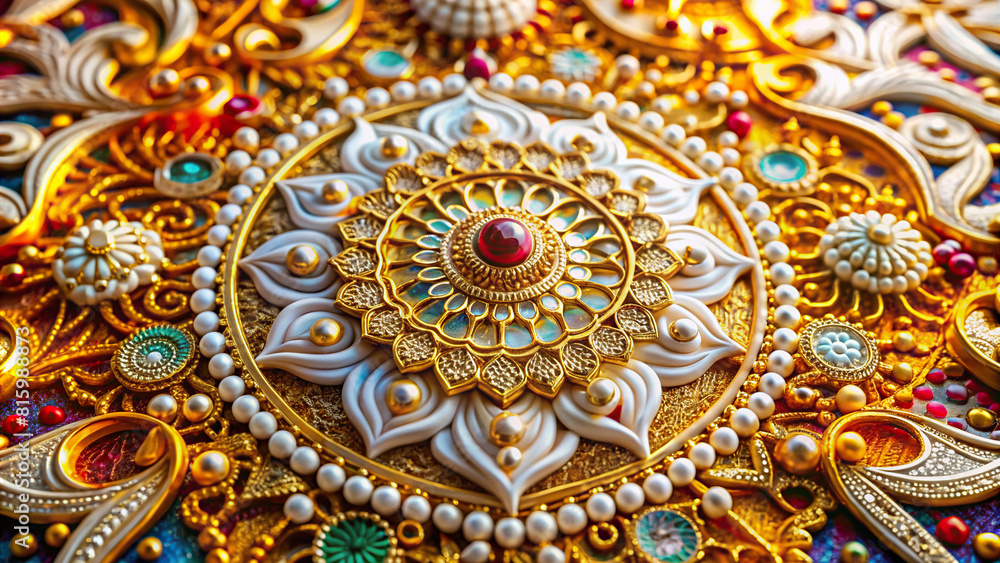 A detailed close-up of intricate white and gold designs against a backdrop of colorful fragments, creating a visually rich and dynamic composition.
