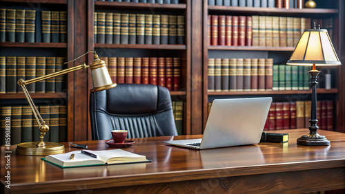 A desk in a law office with a laptop, legal pad, and pen, surrounded by law books and a framed law degree on the wall.