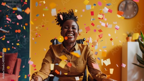 joyful disabled black woman celebrating workplace promotion with confetti