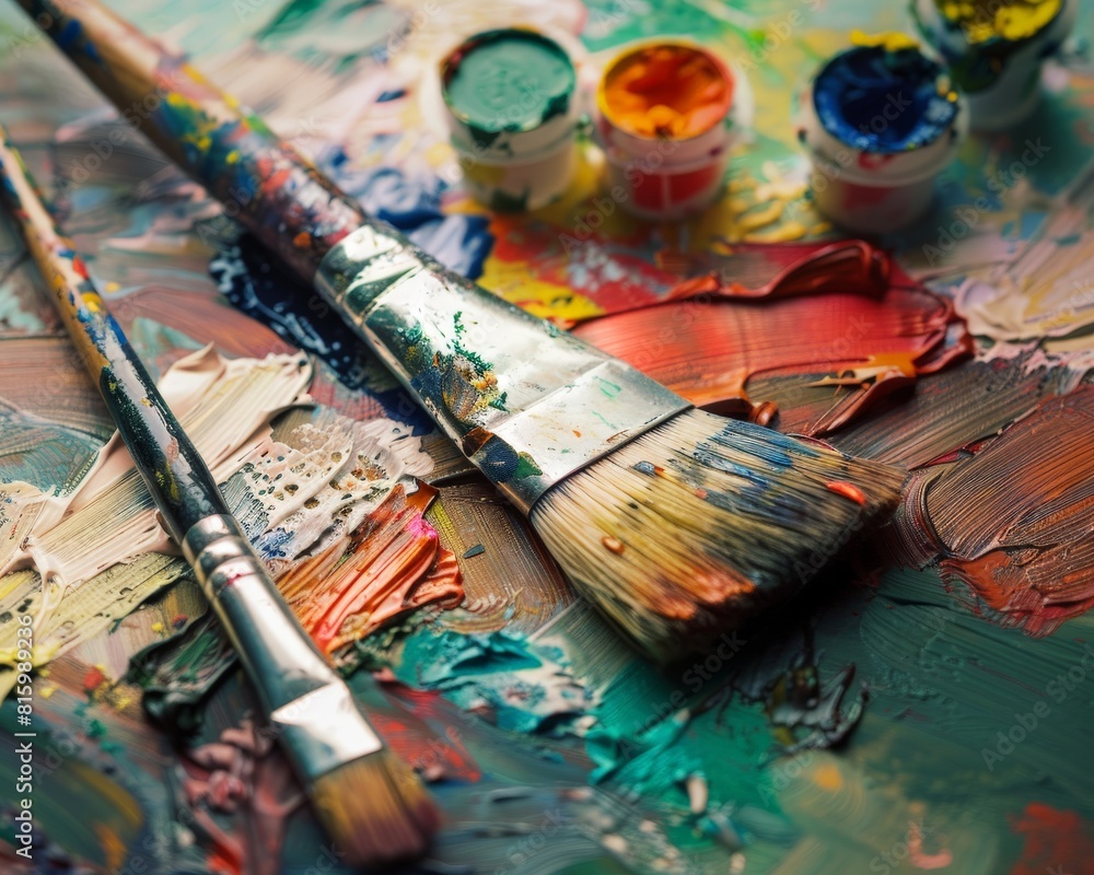 Fototapeta premium Oil paints and brushes on the palette.