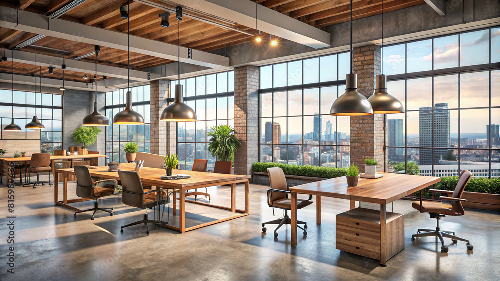 A contemporary coworking office interior design with warm wooden accents, industrial concrete floors, and a panoramic window overlooking a city skyline.