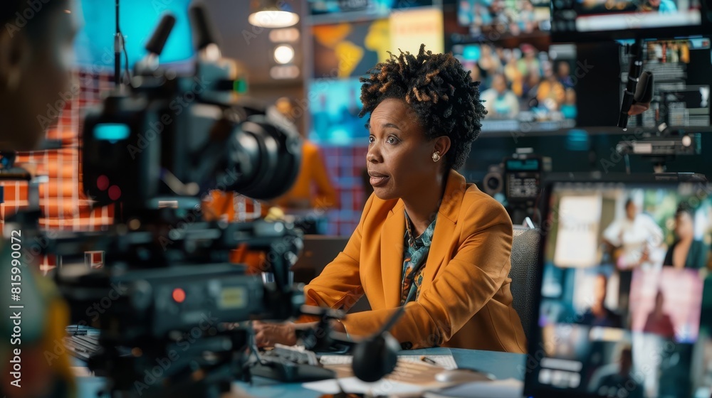 lively tv studio discussion with charismatic black female host and focused cinematographer colorful set design lively tv studio discussion with charismatic black female host and focused cinematographer colorful set design
