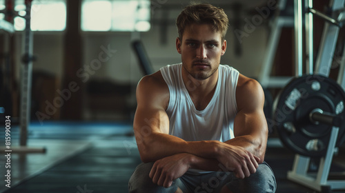 Strong man in tank top clothes sitting on the floor in the gym