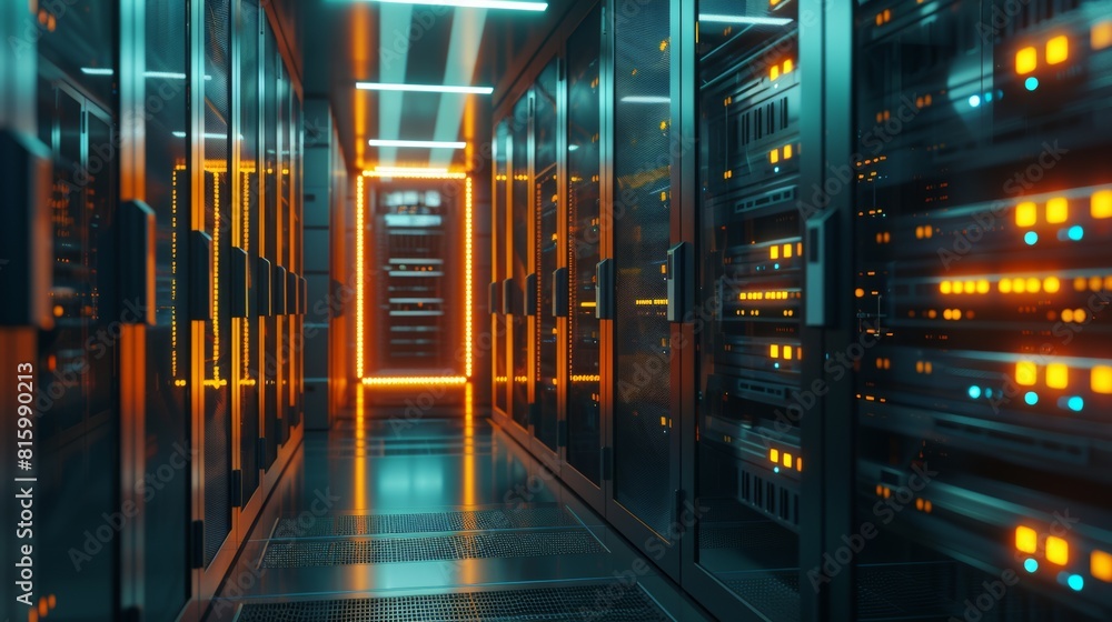 A network server room with rows of servers and blinking lights Stock ...