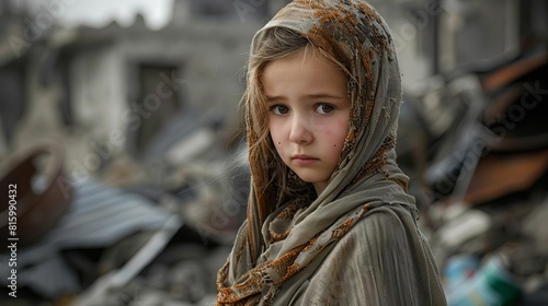 lonely girl in war zone poignant portrait highlighting the human cost of conflict ai generated image © Bijac