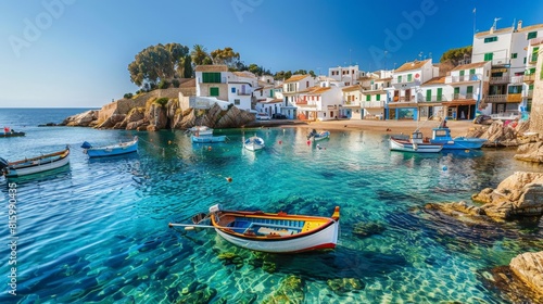 Charming coastal village with whitewashed houses and colorful boats anchored in the crystal-clear waters of the Mediterranean Sea.